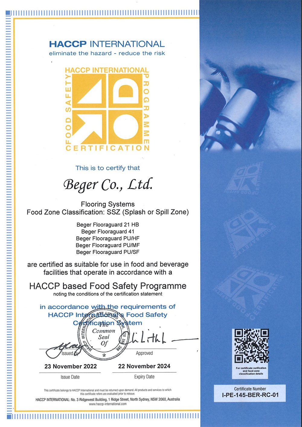 ใบรับรองความปลอดภัยสำหรับการใช้ในงานพื้น ของอุตสาหกรรมอาหารและเครื่องดื่ม HACCP